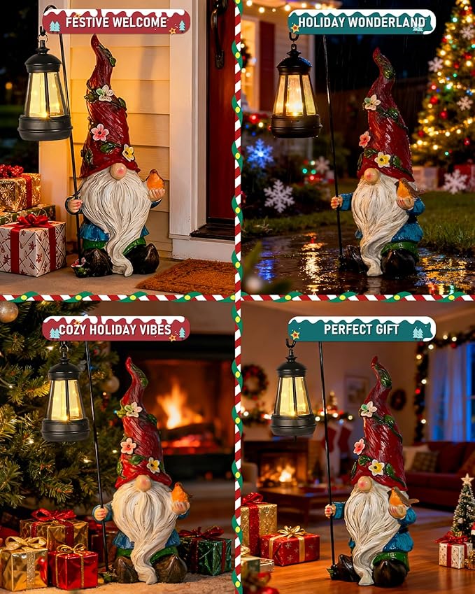 Christmas Gnomes Outdoor Statue with Solar Lights,Solar Garden Gnomes Decorations for Yard Patio Outside Gnome Garden Decor, Gnomes Gifts for Women Mom