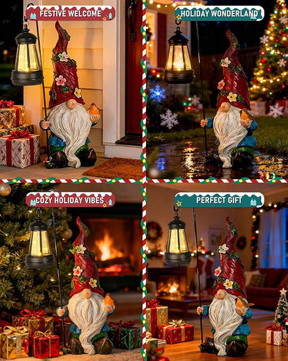 Christmas Gnomes Outdoor Statue with Solar Lights,Solar Garden Gnomes Decorations for Yard Patio Outside Gnome Garden Decor, Gnomes Gifts for Women Mom
