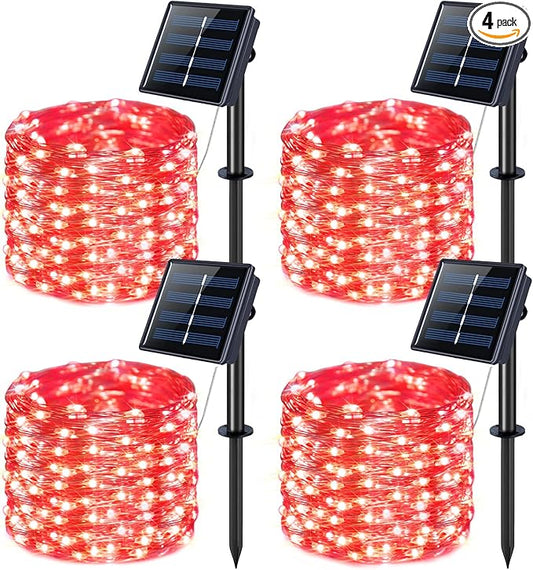 JMEXSUSS 4 Pack 400 LED 132FT Red Solar Fairy Lights Outdoor Waterproof, 8 Modes Copper Wire Solar String Lights for Outside Patio Garden Christmas Decorations