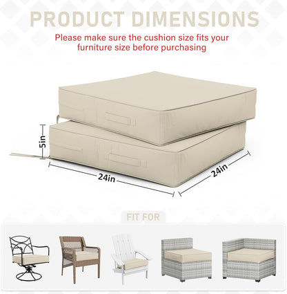 Patio Chair Cushions 24 X 24 X 5 Inch Waterproof Outdoor Seat Cushions for Patio Furniture, Outdoor Sofa Couch Pads with Ties & Handle, Set of 2, Cream