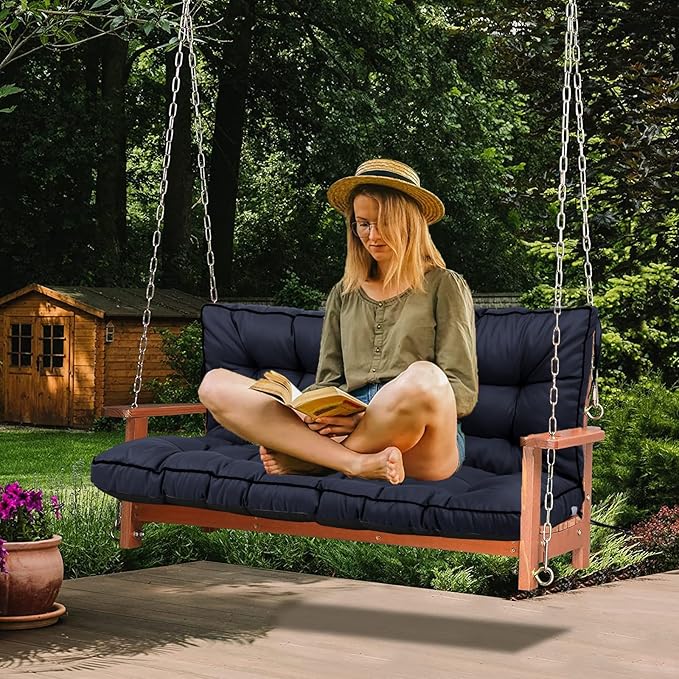 Swing Replacement Cushions with Backrest, 2 or 3 Seater Waterproof Non-Slip Overstuffed Swing Pad, Indoor/Outdoor Bench Cushion for Porch Chair Swings Garden Furniture (Navy blue, 40 * 55 in)
