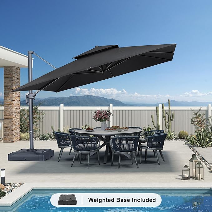 PURPLE LEAF 12 FT Cantilever Patio Umbrella Outdoor Umbrella with 330lbs Base Large Square Windproof Offset Umbrella for Pool Deck Garden, Graphite Grey