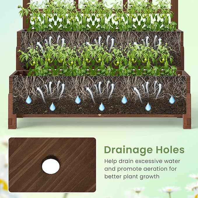 HAPPYGRILL Raised Garden Bed with Trellis, Drainage Holes, 2-Tier Wooden Elevated Planter Box w/Legs for Climbing Plants Vine Flower Herb Vegetable Fruit, Outdoor Garden Box for Patio Balcony (2)