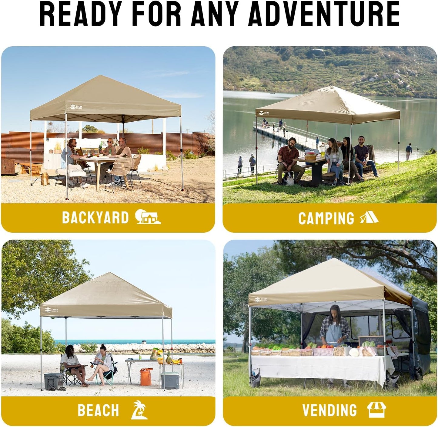 CROWN SHADES 8x8 Pop Up Canopy - Beach Tent with One Push Setup - Easy Outdoor Sun Shade for Events, Parties, Camping - Gazebo with STO-N-Go Cover Bag, Silver Coated Top, Beige