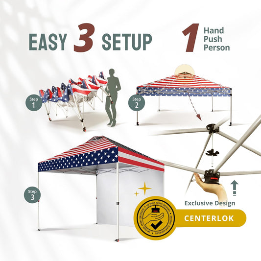 CROWN SHADES 10x10 Pop Up Canopy with 1 Side Wall - Beach Tent with One Push Setup - Outdoor Sun Shade for Events, Parties, Camping - Gazebo with STO-N-Go Cover Bag (American Flag)