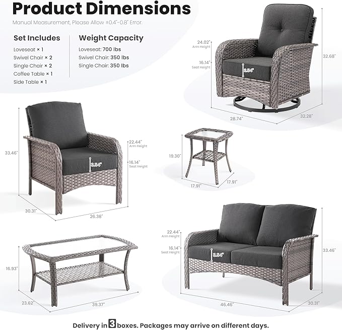 ovios 7 Pieces Patio Furniture Set, Outdoor Wicker Sofa with Swivel Chairs, Coffee Table, All Weather High Back Rattan Loveseat Couch with Comfy Cushions, Black