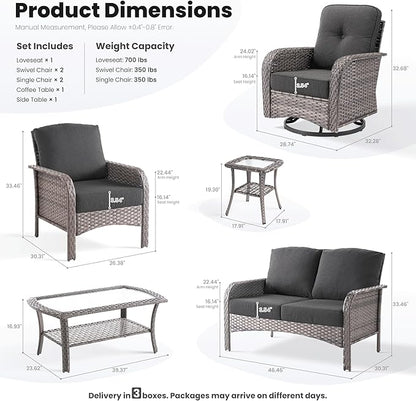 ovios 7 Pieces Patio Furniture Set, Outdoor Wicker Sofa with Swivel Chairs, Coffee Table, All Weather High Back Rattan Loveseat Couch with Comfy Cushions, Black