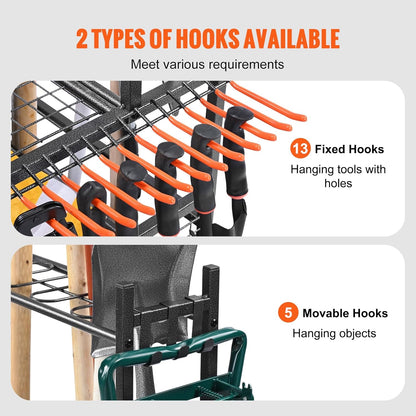 VEVOR Garden Tool Organizer, 16 Slots with Hooks, Yard Tool Tower Rack with Wheels for Garage Organization and Storage, Hold Long-Handled Tool/Rake/Broom, Metal Tool Stand Holder for Shed, Outdoor