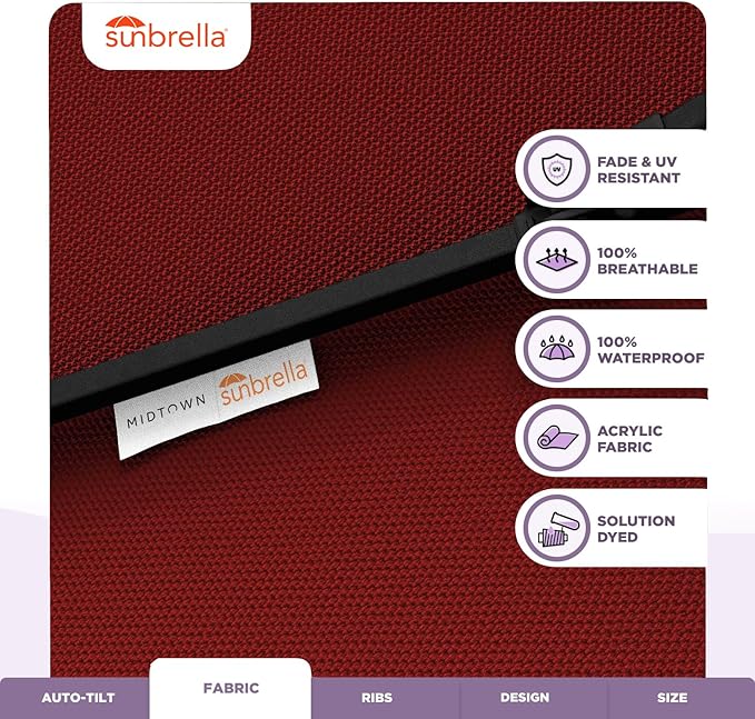 Midtown Umbrellas Sunbrella Umbrella 10 Feet Large Outdoor Umbrella With Sunbrella Red Acrylic Fabric - Auto-Tilt Aluminum Frame Large Patio Umbrella For Backyard, Deck, Garden, Pool - Black Pole