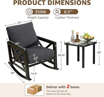 NATURAL EXPRESSIONS Patio Rocking Bistro Set, 3 Piece Outdoor Conversation Furniture Set with 2 Rockers and 1 Metal Coffee Table with Thick Cushions,2 Pack Patio Chair Covers Included