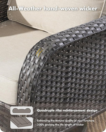 5 Pieces Patio Furniture Set,Outdoor Furniture with Rockers, Rattan Conversation Sets w/Coffee Table, Grey Wicker Light Beige Cushion