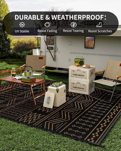 Outdoor Rug Carpet Waterproof 8x10 ft Patio Rug Mat Indoor Outdoor Area Rug for RV Camping Picnic Reversible Lightweight Plastic Straw Outside Rug for Patio Decor Decoration Boho Rug Black Brown