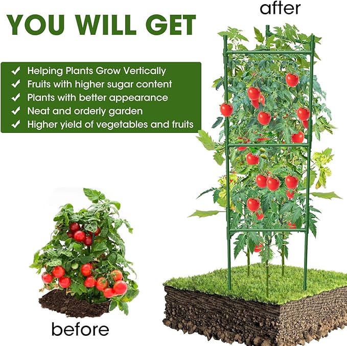 6 Pack Tomato Cage,Tomato Cage for Raised Garden Bed, 48'' Tall Tomato TrellisTriangle or Square Cages for Garden,Pots, Plant Cages & Supports（Green, Extra Bold ）