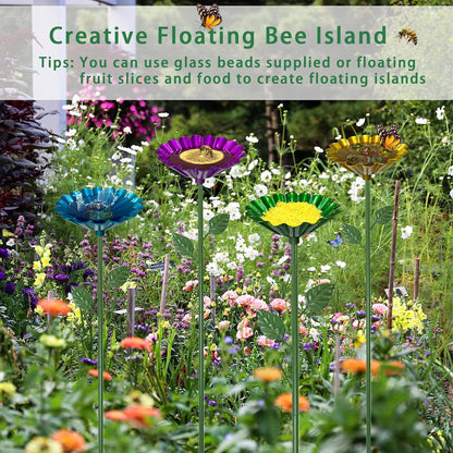 Bee Watering Station for Garden with 20 Marbles,Butterfly Watering Station for Outdoor Decor in Flower Design,Water Feeder to Attract Pollinators(Red,Green,Blue,Yellow)