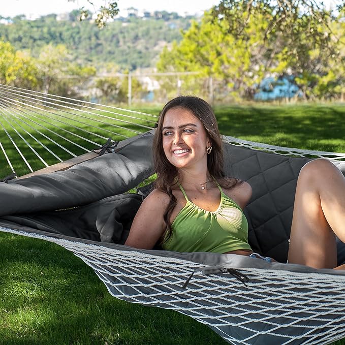 ANOW Outdoor Rope Hammock with Spreader Bars, Heavy Duty Hammock with Pad for Outdoors Indoors, 450 LBS Weight Capacity, Gray
