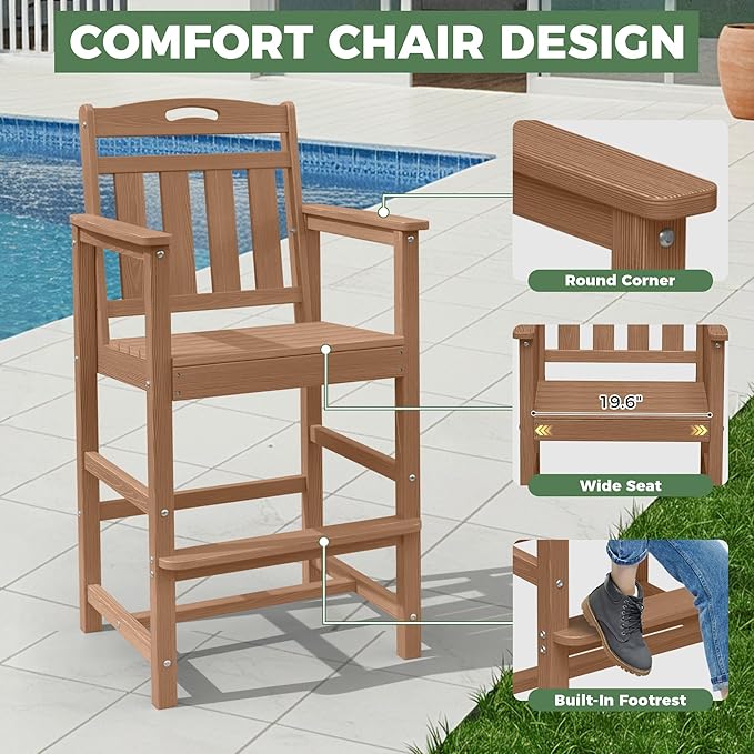 HDPE Outdoor Patio Bar Set with High Top Table and 2 Adirondack Chairs, All-Weather Bar Height Outside Rectangular Pub Furniture for Bistro, Garden, Backyard, Deck | 3-Pieces, Teak