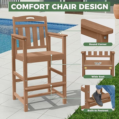 HDPE Outdoor Patio Bar Set with High Top Table and 2 Adirondack Chairs, All-Weather Bar Height Outside Rectangular Pub Furniture for Bistro, Garden, Backyard, Deck | 3-Pieces, Teak