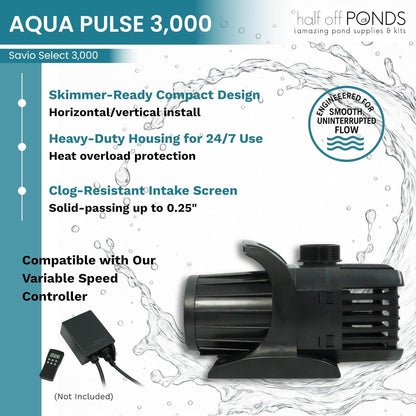 HALF OFF PONDS Savio Select 3,000 GPH Submersible Pump Pond Kit with 15' x 15' EPDM Rubber Pond Liner for Water Garden & Koi Pond