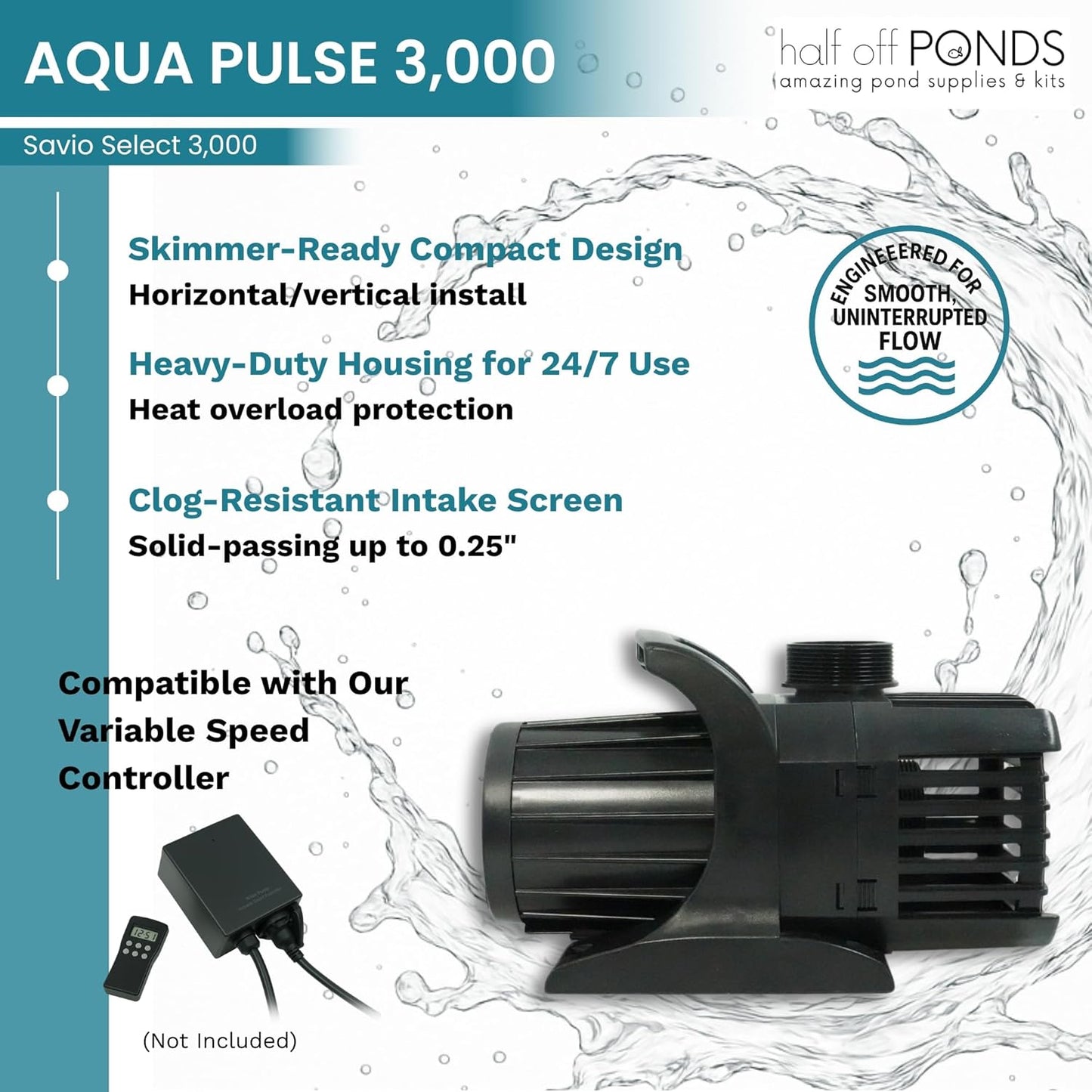 HALF OFF PONDS Savio Select 3,000 GPH Submersible Pump Pond Kit with 20' x 20' EPDM Rubber Pond Liner for Water Garden & Koi Pond
