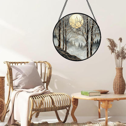 Stained Glass Window Hanging - Black and White Gold Moon Forest Sun Catcher for Door Home Decor Suncatcher Christmas Mother's Day Birthday Gifts for Women Men Lovers Mom Nana 6.3 in