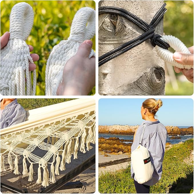 JoyView Boho Macrame Double Hammock with Hanging Ropes & Elegant Tassels 86.6x59 Portable Cotton Hammock for Patio Backyard Porch 450LBS Weight Capacity Perfect for Outdoor/Indoor - Beige Color