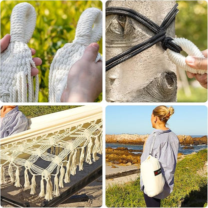 JoyView Boho Macrame Double Hammock with Hanging Ropes & Elegant Tassels 86.6x59 Portable Cotton Hammock for Patio Backyard Porch 450LBS Weight Capacity Perfect for Outdoor/Indoor - Beige Color