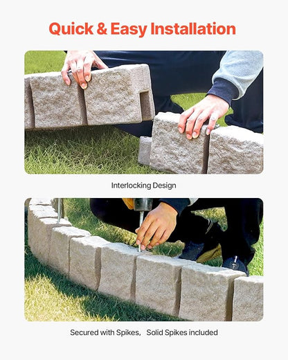 VEVOR Faux Stone Landscape Edging, No Dig Garden Edging Border, Flexible Blocks for Lawn Edging, Flower Beds, Driveway, Yards with 12 Spikes, 4 Pack 24 Bricks 16FT Kit, 46.9" Lx 4" W x 6" H, Brown