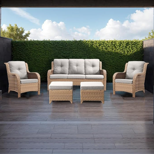 Rilyson Outdoor Patio Wicker Furniture Set - 5 Piece Rattan Patio Conversation Sectional Sofa Set with 1 Couch,2 Armchairs,2 Ottomans for Porch Deck Garden(Yellow/Beige)