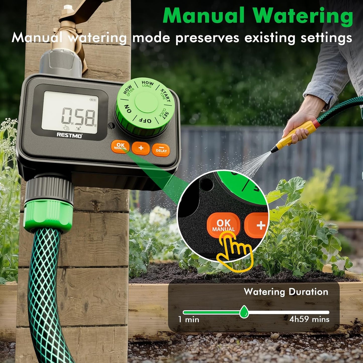 [2 Pack] RESTMO Sprinkler Timer, Programmable Water Timer for Garden Hose, Automatic Digital Control | Manual ON/Off | Rain Delay for Outdoor Faucet, Drip Irrigation and Lawn Watering System