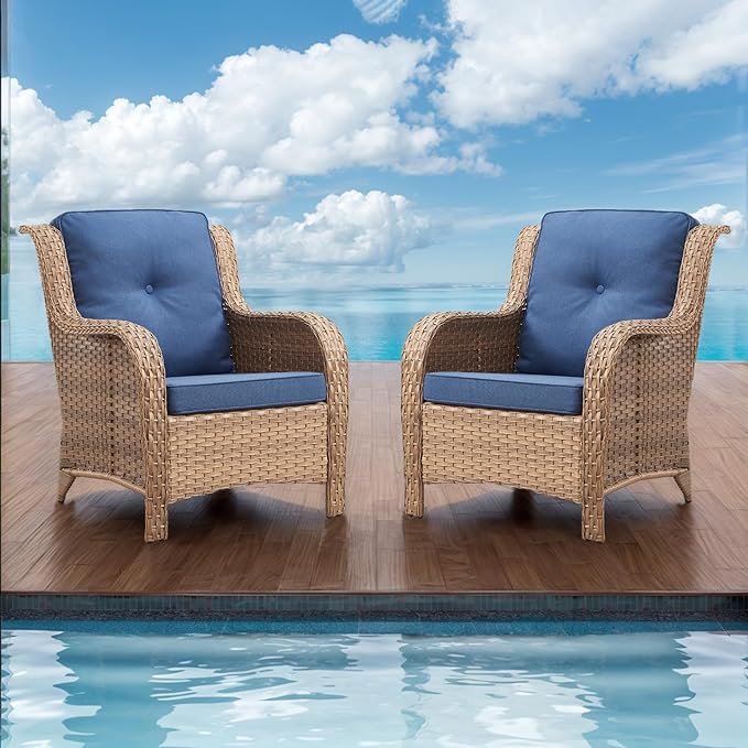 Rilyson Patio Furniture Chairs Outdoor Chair - 2 Piece Wicker Rattan Chairs Set with High Back and Deep Seating for Deck Porch Balcony Backyard Garden(Yellow/Blue)