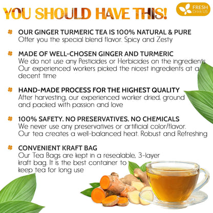 FreshDrinkUS, Premium 85 Ginger Turmeric Tea Bags, 100% Natural Ingredients, Hand-made Blend of Ginger and Turmeric Herbal Tea, Eco-conscious Tea Bags. No Sugar, No Caffeine, No Gluten, Vegan.