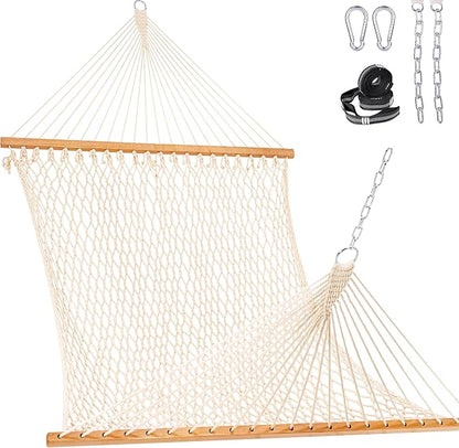 Lazy Daze Hammocks Double Rope Hammock, 2 Person Traditional Outdoor Hand Woven Cotton Rope Hammock with Spreader Bar, Chains, Tree Straps for Patio Yard - Max 450 Lbs, Natural