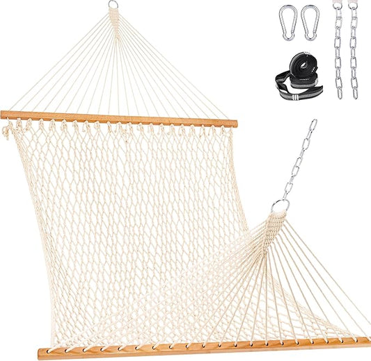 Lazy Daze Hammocks Double Rope Hammock, 2 Person Traditional Outdoor Hand Woven Cotton Rope Hammock with Spreader Bar, Chains, Tree Straps for Patio Yard - Max 450 Lbs, Natural