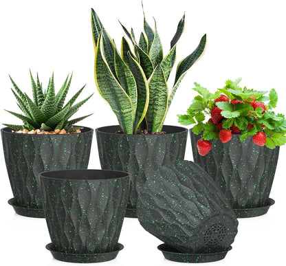 7 inch Plant Pots for Indoor Outdoor Plants, 5 Pack Thick Flower Pots with Drainage Holes and Saucers, 3D Modern Wave Texture Plastic Planter Nursery Pots, Black with Green Speckles