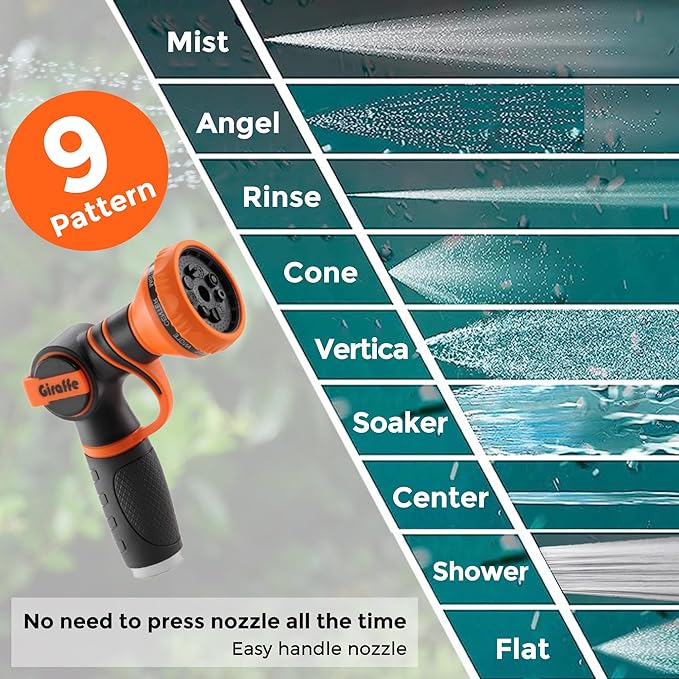 Giraffe Tools Retractable Garden Hose Reel 5/8 inch x 90 ft Hose Reels for Outside, Wall Mounted Water Hose Reel with 180 Deg Swivel Bracket, Any Length Lock, 9 Pattern Hose Nozzle