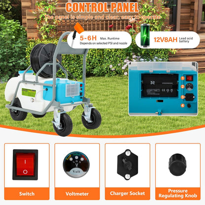 24 Gallon Battery Powered Sprayer with Wheeled Cart,0-90PSI,5-6h Spray Time,164FT Hose with Reel,Adjustable HD Wand and 10 Nozzles, Rotating Wheels with Brake for Lawn & Garden Spraying,Cleaning