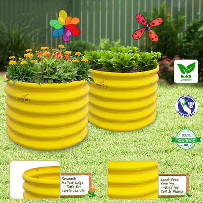 A ANLEOLIFE Kids Raised Garden Beds Outdoor (4-Pack)-24x24x18in Round Galvanized Metal Planter Box for Planting Vegetables, Flowers, Fruits, Eco-Safe & Easy Setup, Sunlit Gold