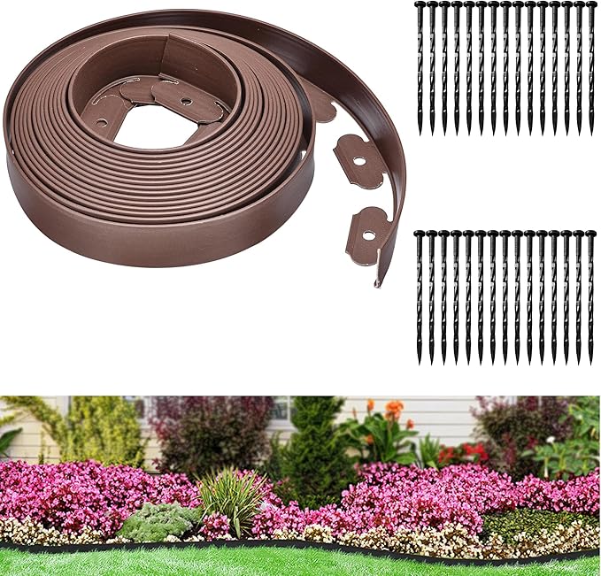 Landscape Edging Coil 33 FT, 2 Inch Tall Garden Edging Border Flexible Lawn Edging Kit with 30 Spikes, Plastic Edging for Landscaping Flower Beds Yard Pathway Paver Edging (2IN x 33FT, Brown)