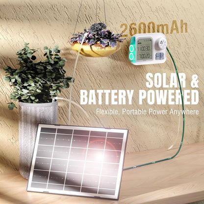 Raddy WS-7 Solar Drip Irrigation Kit with IPX7 Waterproof, Auto Watering System for 15 Potted Plants, with Auto-Soil Humidity Detection, 2600mAh Battery, Large Display for Indoor Outdoor Balcony