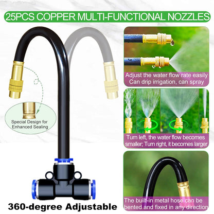98 Ft Drip Irrigation System,360°Bendable Drip Irrigation Kit,25 Nozzles and 27 Quick Connectors,Automatic Garden Irrigation System,Adjustable Atomizing System for Plants, Greenhouse,Yard,Lawn