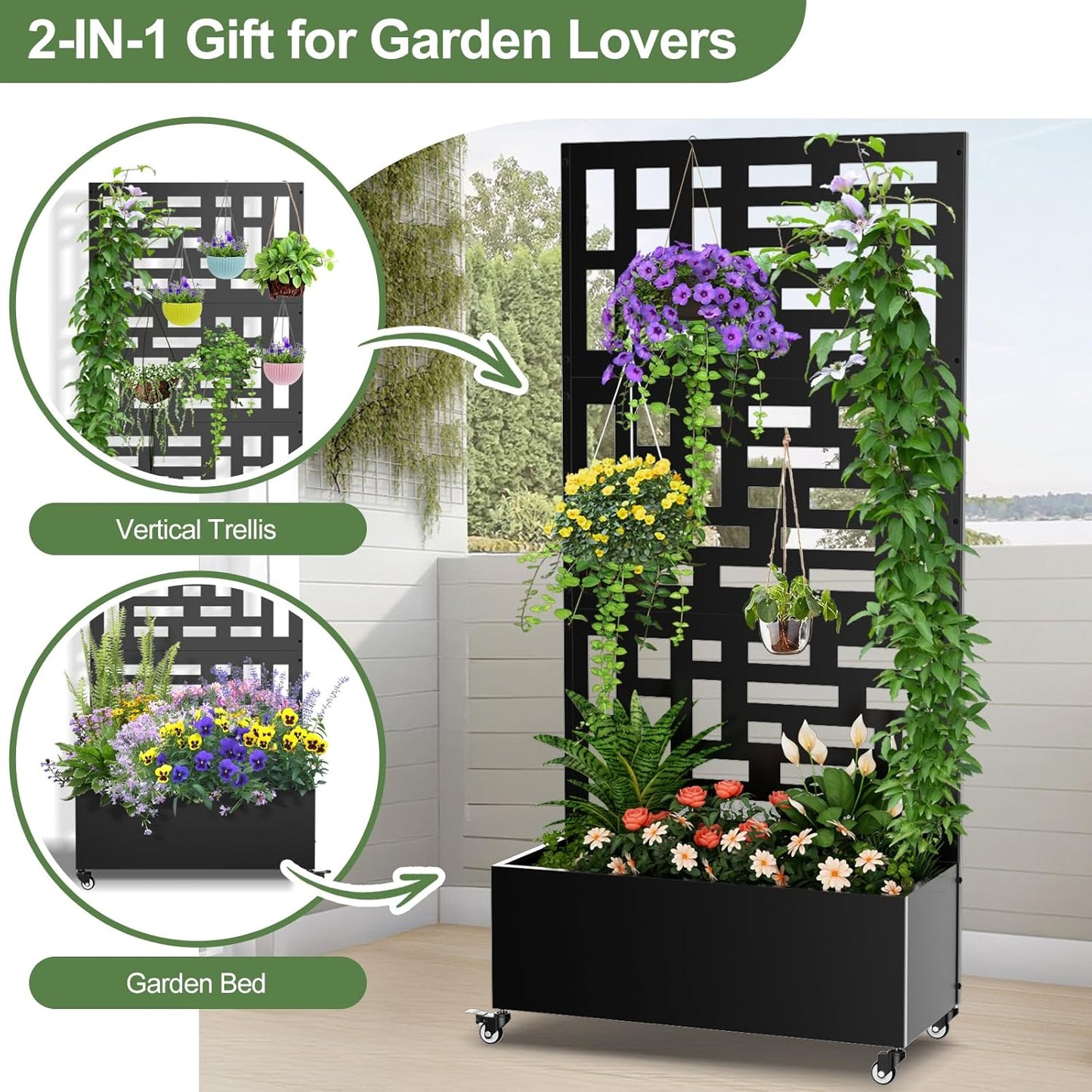 Metal Planter Box with Trellis, 71"x 35"x 16" Raised Garden Bed with Trellis & Wheels, Privacy Planters for Patio, Planter Box with Drainage Holes for Climbing Plants, Flower, Vegetable