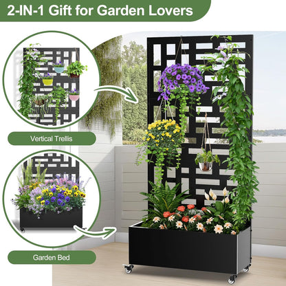 Metal Planter Box with Trellis, 71"x 35"x 16" Raised Garden Bed with Trellis & Wheels, Privacy Planters for Patio, Planter Box with Drainage Holes for Climbing Plants, Flower, Vegetable