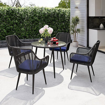 Patiorama 5-Piece Patio Dining Set, Outdoor Dining Table Chair Set, All-Weather Twisted Rattan Wicker Rope Conversation Set, Patio Furniture Set w/Umbrella Hole, 4 Cushioned Chairs&Glass Table(Blue)