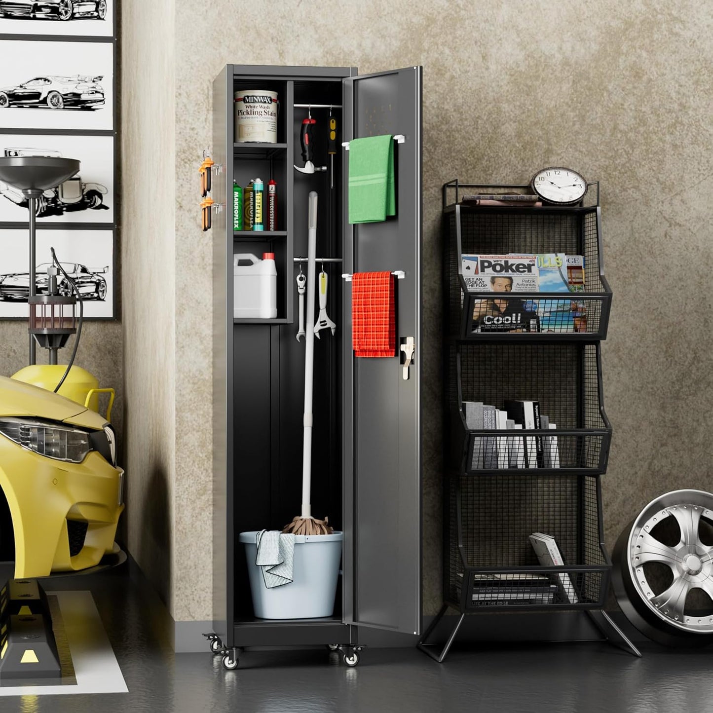 15.75 in Wide Garage Storage Cabinet, Metal Storage Cabinet with Wheels and 2 Adjustable Shelves for Home Offices, Gyms and Pantries, Black