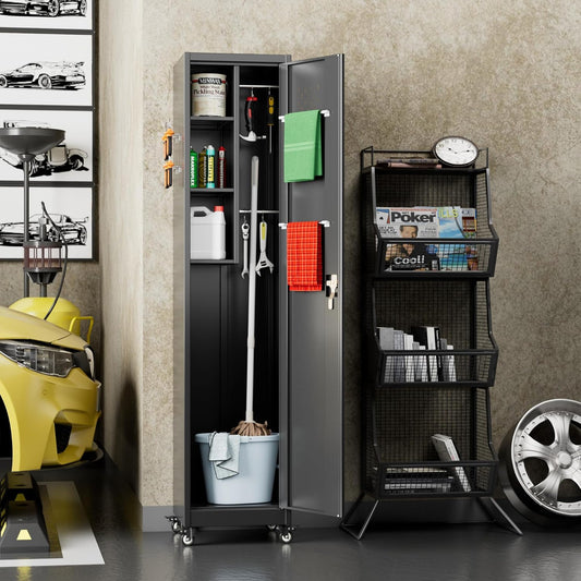 15.75 in Wide Garage Storage Cabinet, Metal Storage Cabinet with Wheels and 2 Adjustable Shelves for Home Offices, Gyms and Pantries, Black