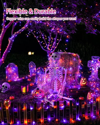 JMEXSUSS 2 Pack Solar Halloween Lights Outdoor Waterproof, Total 66FT 200 LED Orange and Purple Halloween Lights, 8 Mode Black Wire Solar Fairy String Light for Outside Yard Spooky Party Decorations
