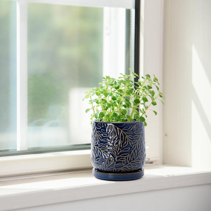 D'vine Dev 4 Inch Embossed Leaves Stoneware Planter Pot with Drainage Hole and Saucer, Midnight Blue, 27-A-Z-3