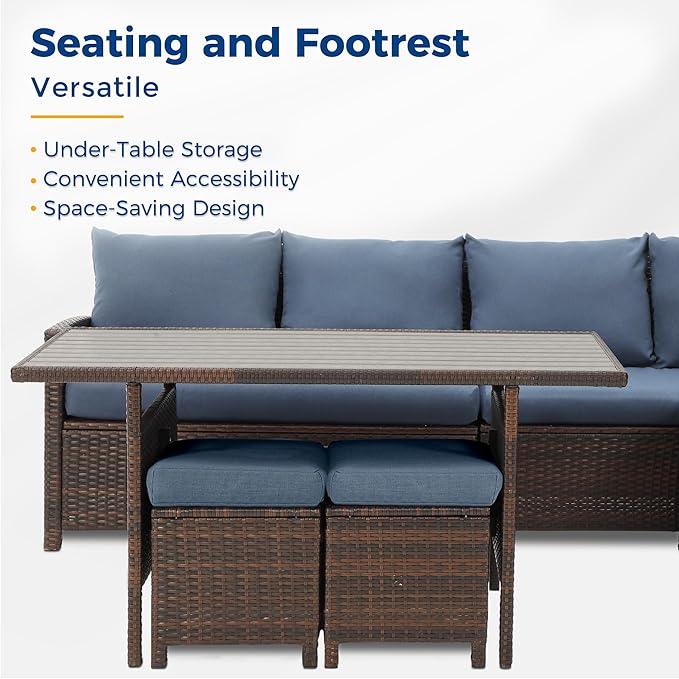 Wisteria Lane Outdoor Patio Furniture Set, 7 Piece Outdoor Dining Sectional Sofa with Dining Table and Chair, All Weather Wicker Conversation Set with Ottoman,Blue