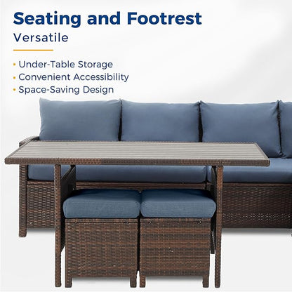 Wisteria Lane Outdoor Patio Furniture Set, 7 Piece Outdoor Dining Sectional Sofa with Dining Table and Chair, All Weather Wicker Conversation Set with Ottoman,Blue