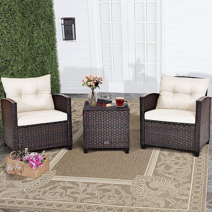 RELAX4LIFE 3 Piece Patio Furniture Set, Wicker Bistro Conversation Set w/ 2 Cushioned Armchairs & Glass Topped Table, Outdoor Rattan Sofa for Porch Balcony Poolside (White)